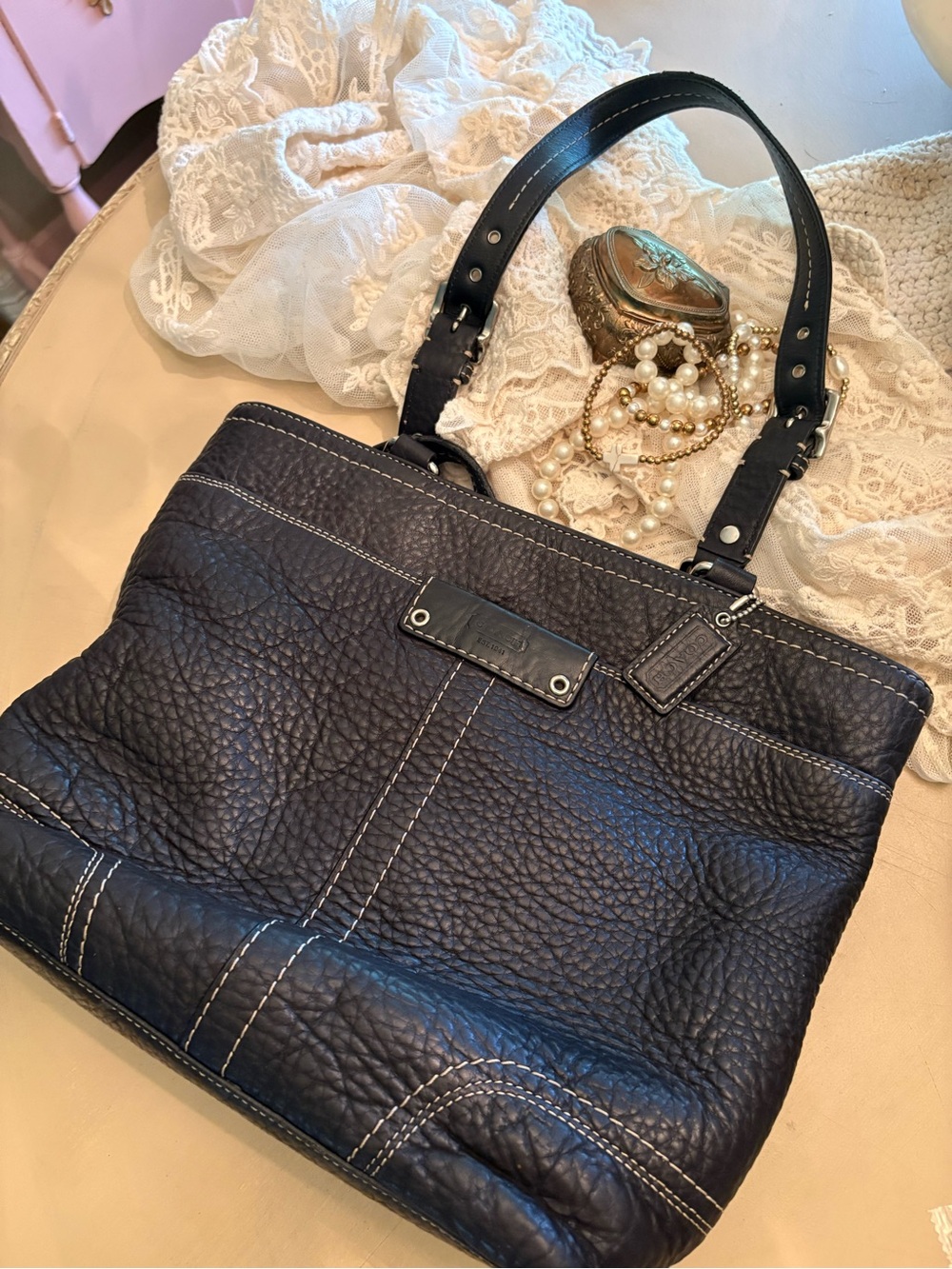 Coach Black Leather Shoulder Tote with Contrast Stitching - Picture 7 of 11